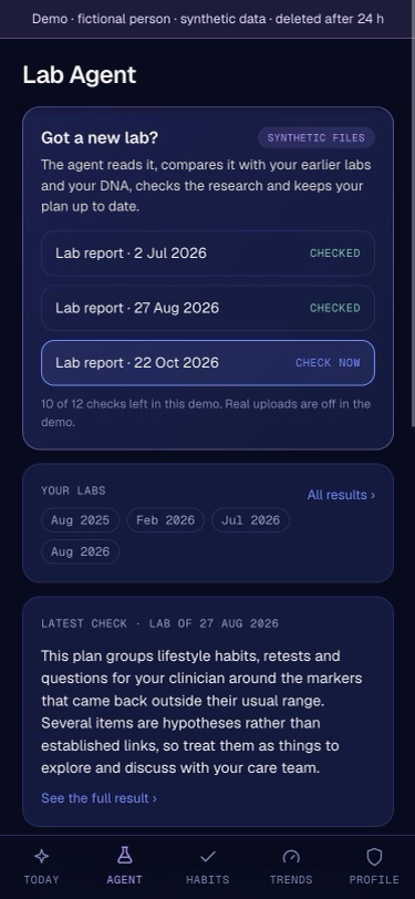 Lab Agent tab in the demo with dated synthetic lab reports